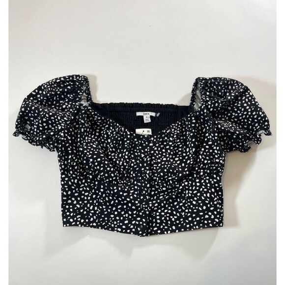 NWT Bar III Smocked Off-The-Shoulder Crop Top Black & White Dash Dot - Picture 3 of 7